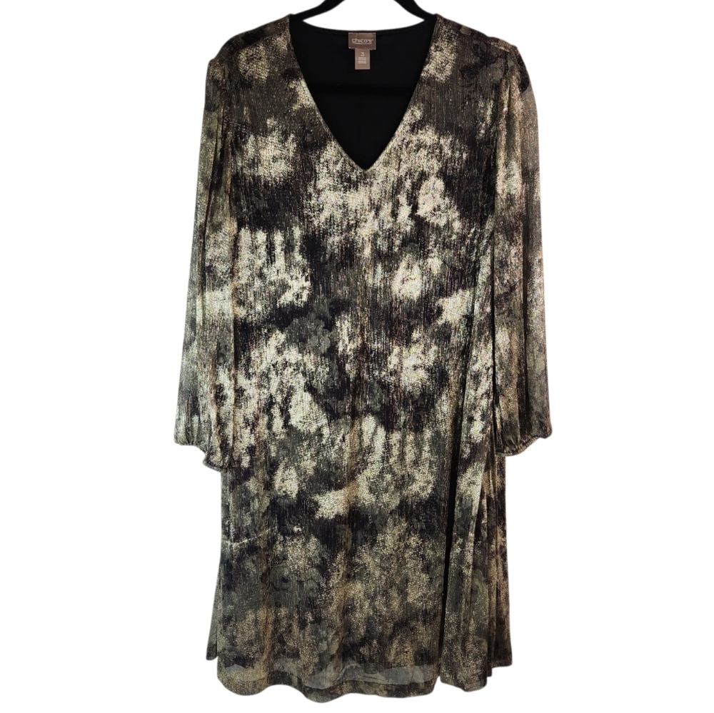 Chico’s Gold Metallic V-Neck Dress – 3 (XL/16–18) – Lined